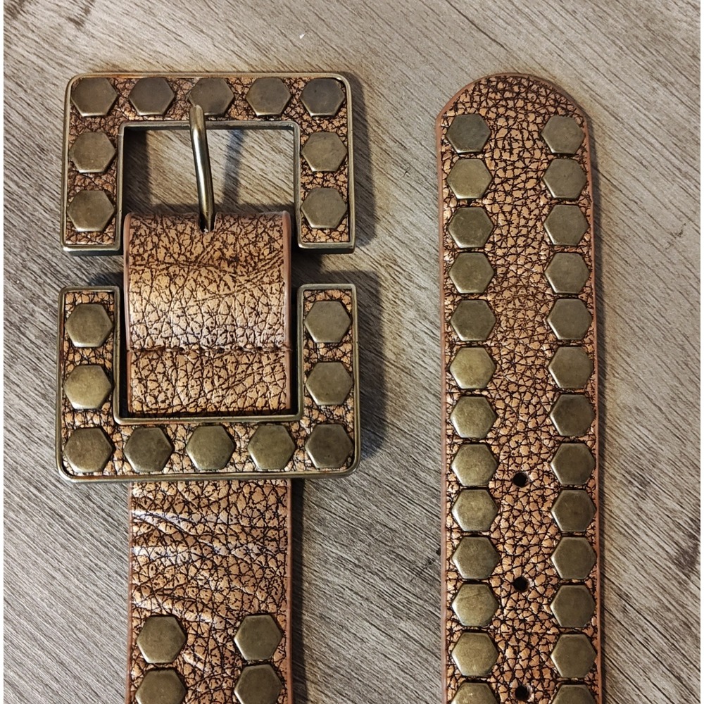 Leatherock Studded Belt Womens M 34 Bronze Metallic Leather Hexagon Buckle 8262 - Picture 4 of 11